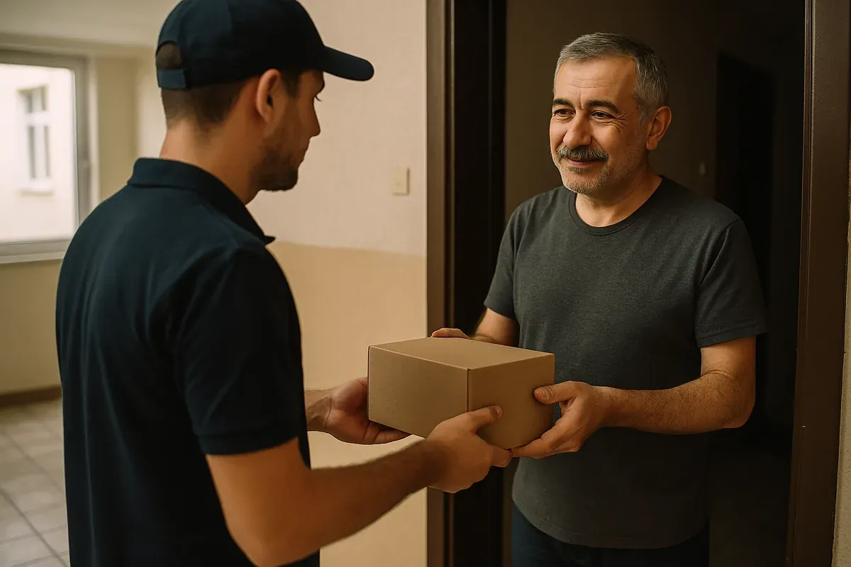 Kapıda ödeme ile Pro Caps teslimatı: kurye kargo kutusunu evde teslim ediyor