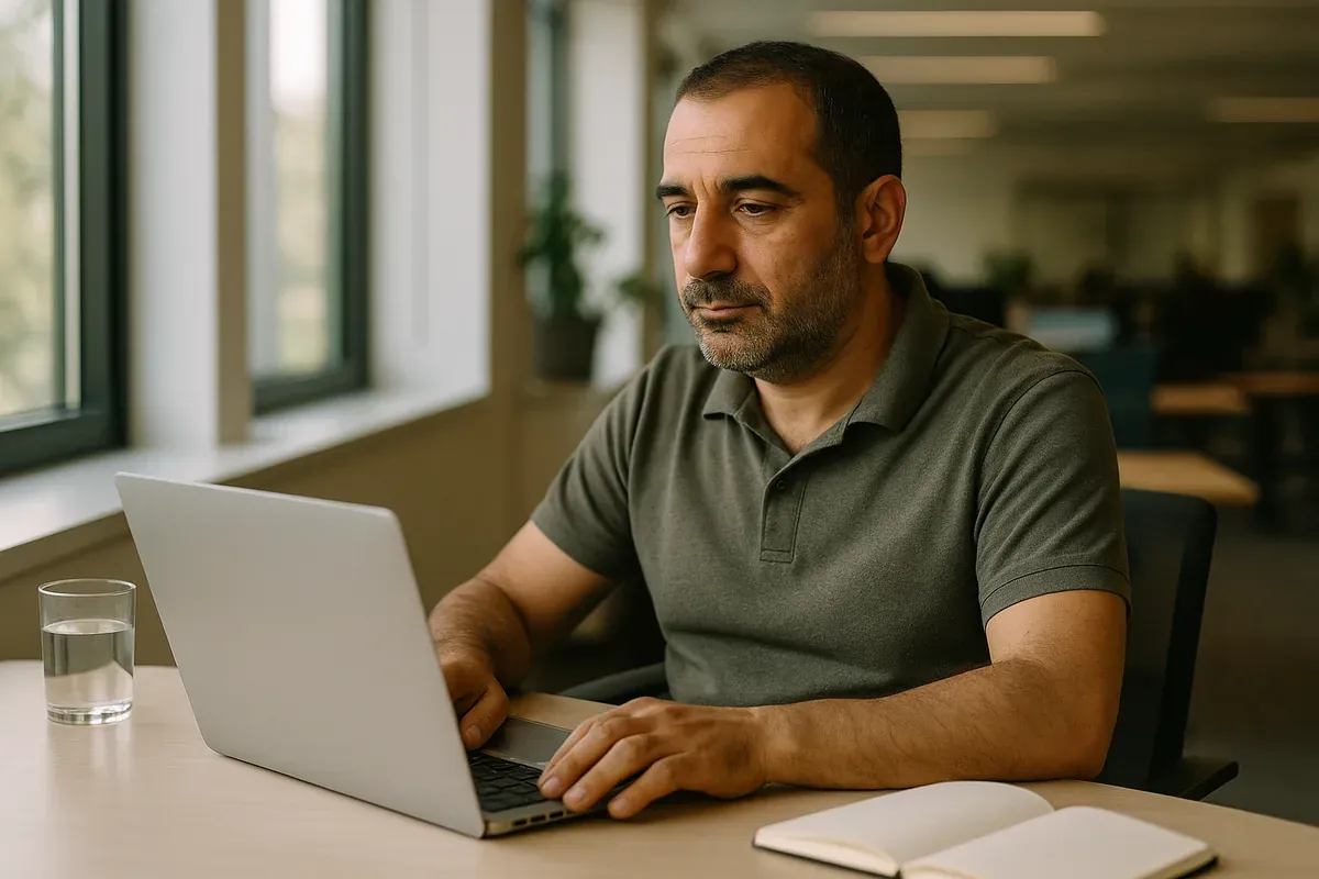 Ofiste masasında rahatça çalışan kırk beş yaşlarında bir adam — Pro Caps'ın hedeflediği kesintisiz bir iş günü